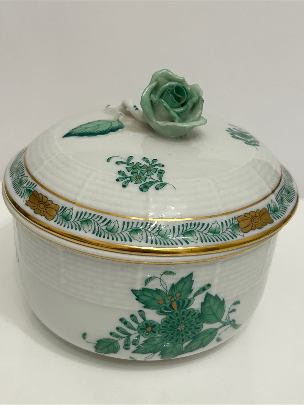 Herend Hungary Chinese Bouquet Green Covered Sugar Bowl w/ Rose Finial